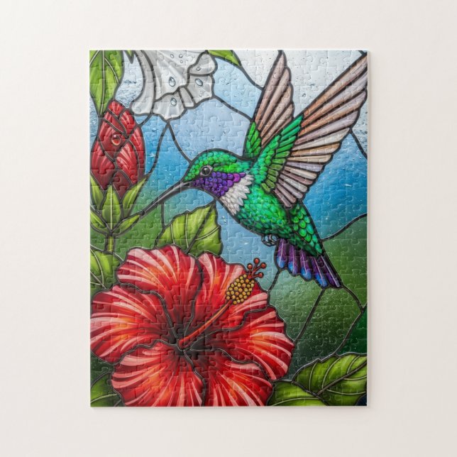 Glass Patchwork Hummingbird Garden Floral Mosaic Jigsaw Puzzle (Vertical)