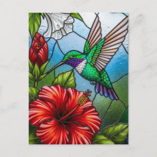 Glass Patchwork Hummingbird Garden Floral Mosaic Postcard