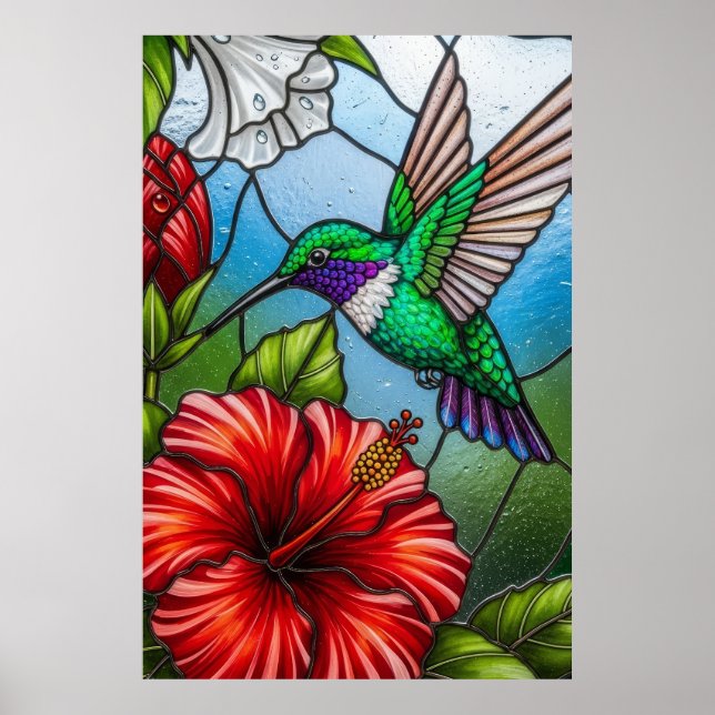 Glass Patchwork Hummingbird Garden Floral Mosaic Poster (Front)