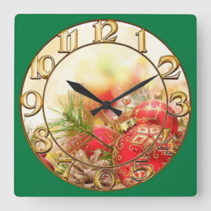 Glass Red and Gold Christmas Ornaments Square Wall Clock
