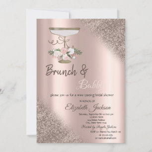 Glass,Rose Gold Glitter Bokeh Brunch & Bubbly  Invitation