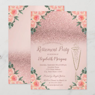 Glass Rose Gold Glitter Bokeh Floral Retirement Invitation