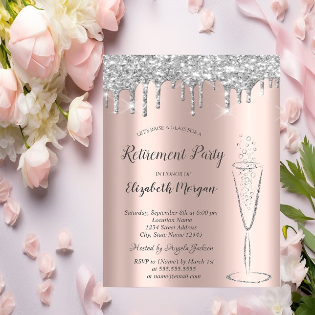 Glass Silver Glitter Drops Rose Gold Retirement  Invitation (Creator Uploaded)