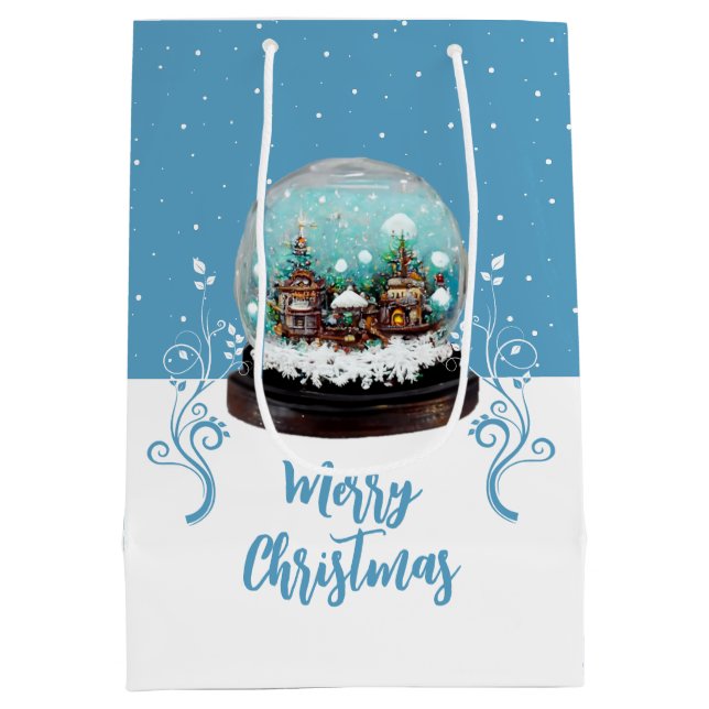 Glass Snowball Winter Village Blue Merry Christmas Medium Gift Bag (Back)