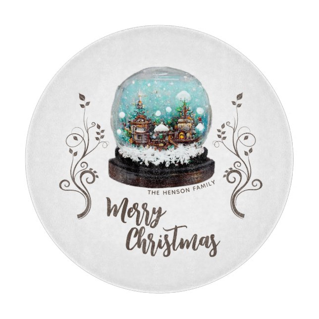 Glass Snowball Winter Village Foliage Christmas Cutting Board (Front)