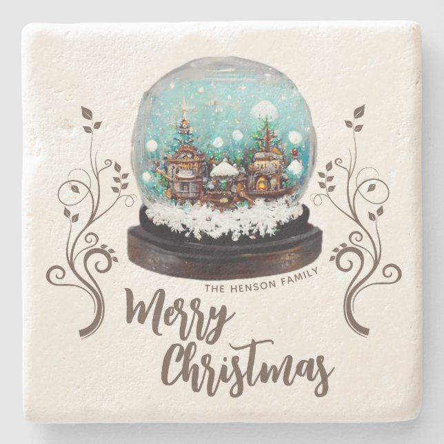 Glass Snowball Winter Village Foliage Christmas Stone Coaster (Front)
