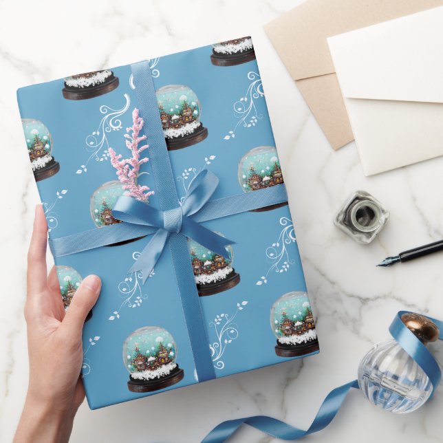 Glass Snowball Winter Village House Blue Christmas Wrapping Paper (Gifting)