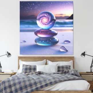 Glass Sphere and Pebbles on Serene Beach Canvas Print