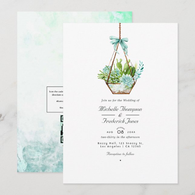 Glass Terrarium Succulents QR Code RSVP Wedding Invitation (Front/Back)