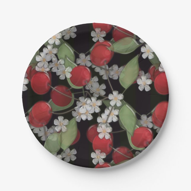 Glass tile 3D liquid cherry and flowers bloom Paper Plate (Front)