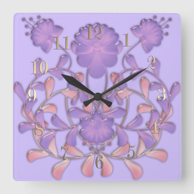 Glass tile 3D liquid violet flowers gzhel Square Wall Clock (Front)