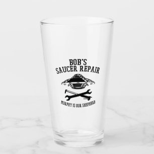 glass tumbler with black Bob's Saucer Repair logo