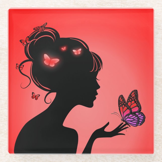 Glass Underpants In Glass Female Butterflies Red Glass Coaster (Front)