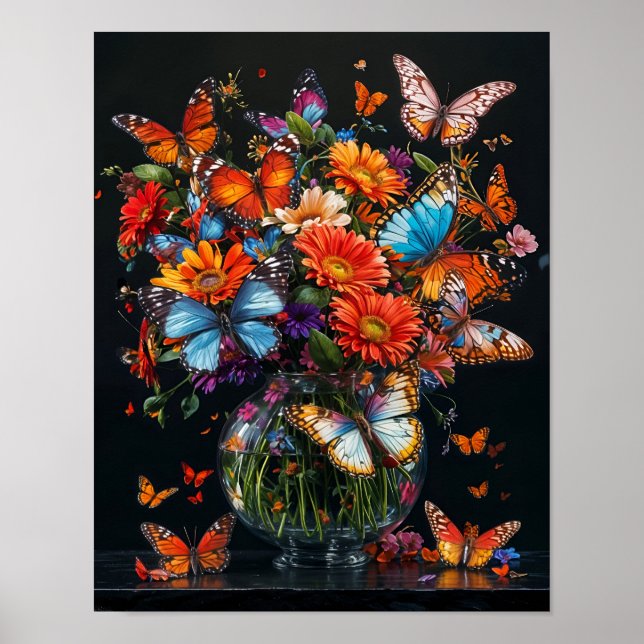 Glass vase with colourful butterflies and flowers. poster (Front)