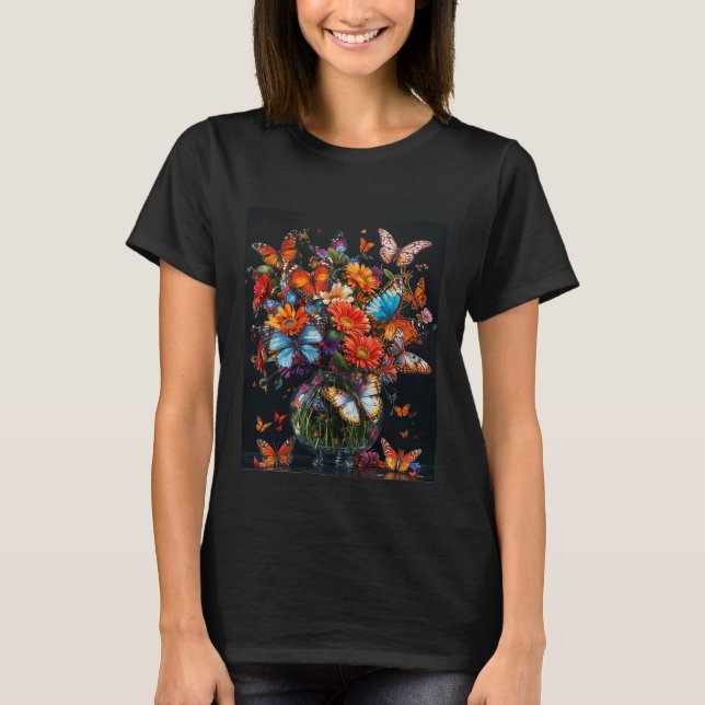 Glass vase with colourful butterflies and flowers. T-Shirt (Front)