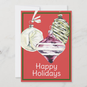Glass Vintage Ornaments Happy Holidays Watercolor Holiday Card