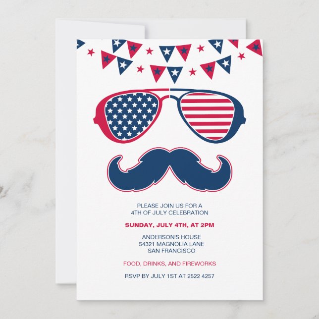 Glasses and Moustache 4th Of July Invitations (Front)