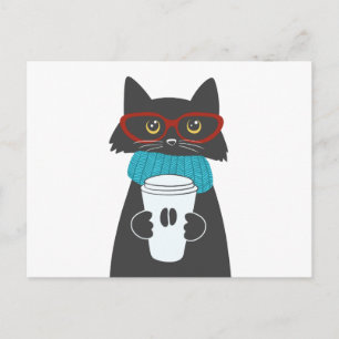 Glasses cat holding a cup of coffee postcard