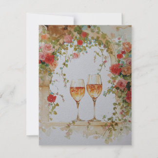 Glasses of sparkling wine under a floral arch  holiday card