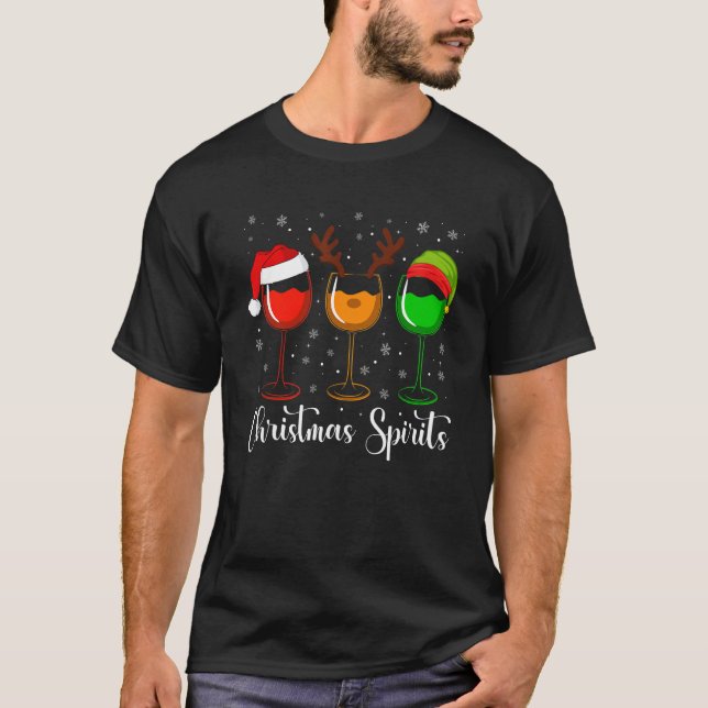 Glasses Of Wine Christmas Spirits Xmas Lights Elf  T-Shirt (Front)