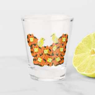 Glassware : Orange Yellow Flowers With Canaries Shot Glass