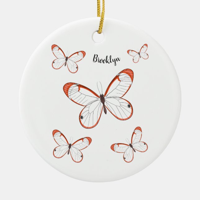 Glasswing butterfly cartoon illustration  ceramic tree decoration (Front)