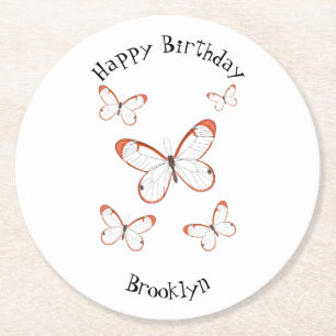 Glasswing butterfly cartoon illustration round paper coaster