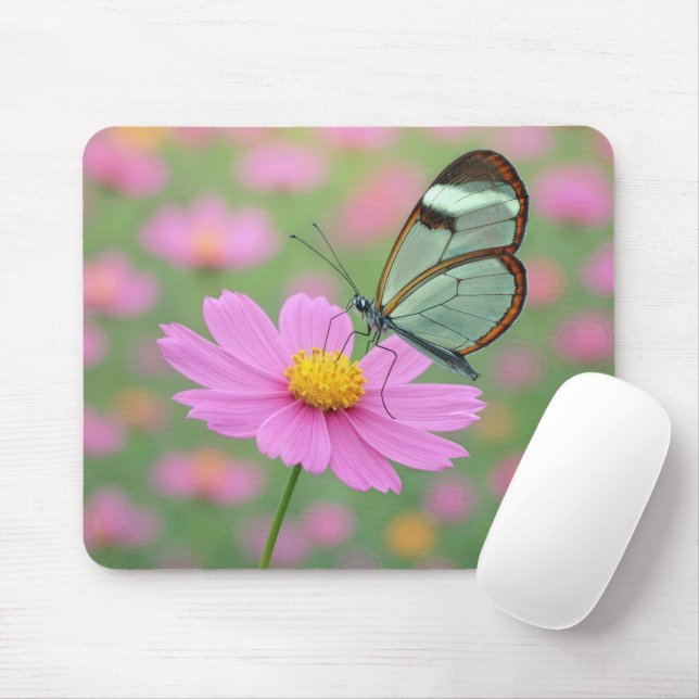 Glasswing Butterfly On a Cosmos Flower Mouse Mat (With Mouse)