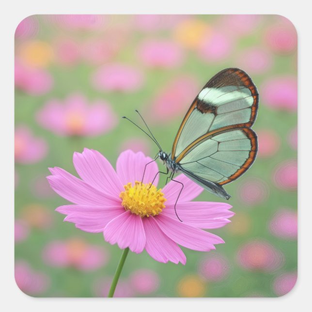 Glasswing Butterfly On a Cosmos Square Sticker (Front)