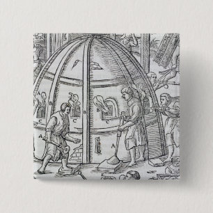 Glassworks, illustration showing the marble furnac 15 cm square badge