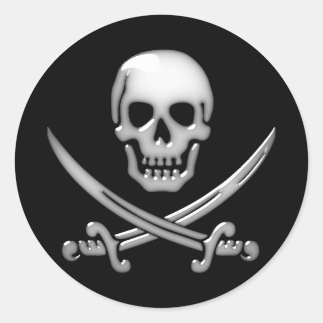 Glassy Pirate Skull & Sword Crossbones Classic Round Sticker (Front)