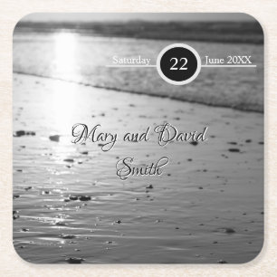 Glassy Sand Grayscale Wedding Paper Coasters