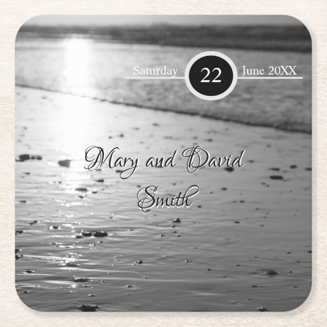 Glassy Sand Grayscale Wedding Paper Coasters (Front)