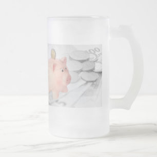 Glastasse with piggy bank and euro frosted glass beer mug