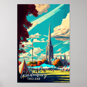 Glastonbury England vintage travel illustration Poster
