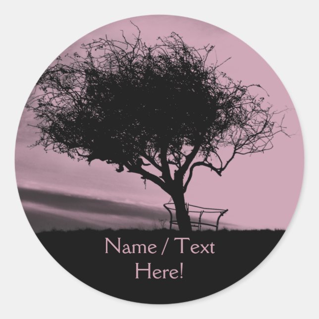 Glastonbury Hawthorn. Tree on Hill. Pink, Black. Classic Round Sticker (Front)