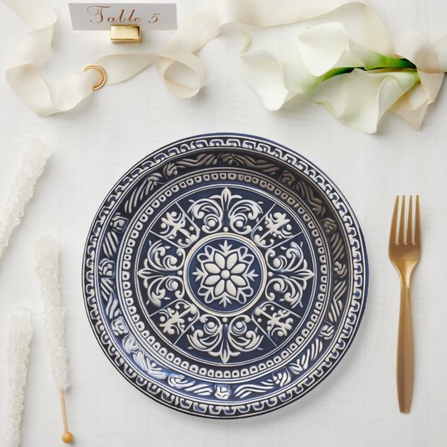 Glazed Pottery Style Paper Plate in Navy and Ivory (Wedding)