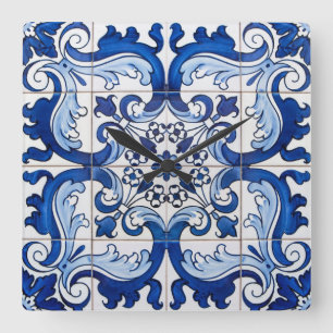 Glazed Tiles Portuguese Azulejo Style Square Wall Clock