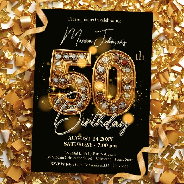 Gleaming Gold and Black 50th Birthday Celebration Invitation (Creator Uploaded)