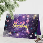 Gleaming Purple Winter Wonderland Merry Christmas Holiday Card<br><div class="desc">Experience the magic of the holiday season with our stunning Christmas greeting card! The card features a captivating galaxy-like design on a dark purple background, illuminated by twinkling Christmas lights and delicate snowflakes. Inside of the card there is a fully customisable message and signature. Customise it to make it truly...</div>