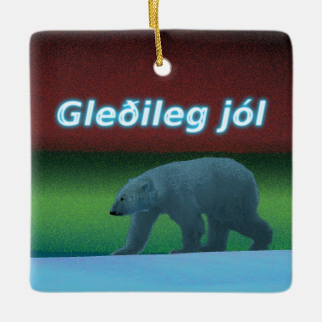 Gleðileg Jól - Polar Lights Polar Bear Ceramic Ornament (Front)