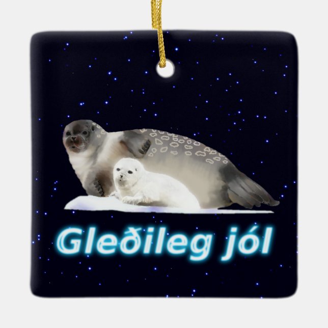 Gleðileg Jól - Ringed Seal Ceramic Tree Decoration (Front)