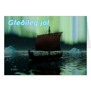Gleðileg Jól - Viking Ship And Northern Lights