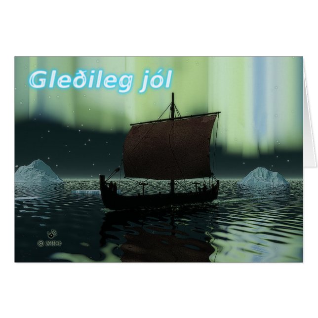 Gleðileg Jól - Viking Ship And Northern Lights (Front Horizontal)
