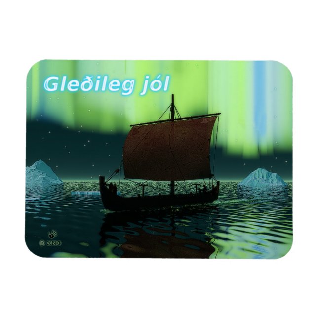 Gleðileg jól - Viking Ship And Northern Lights Magnet (Horizontal)