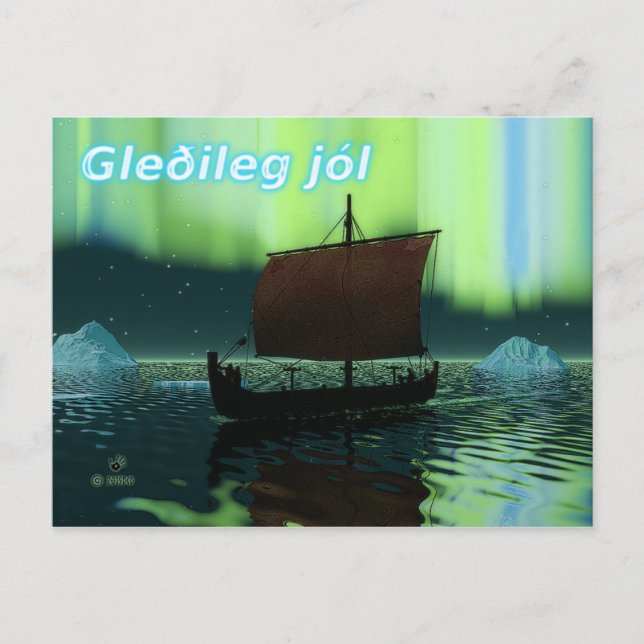 Gleðileg Jól - Viking Ship And Northern Lights Postcard (Front)