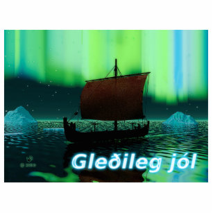 Gleðileg Jól - Viking Ship Under Northern Lights Photo Sculpture Magnet