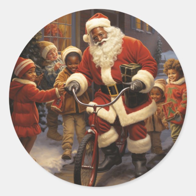 Glee with Black Santa: Merry Christmas Joy Classic Round Sticker (Front)