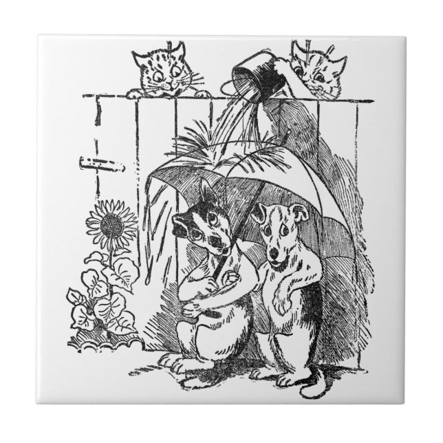 Gleeful Cats Douse Dogs Vintage Louis Wain Tile (Front)