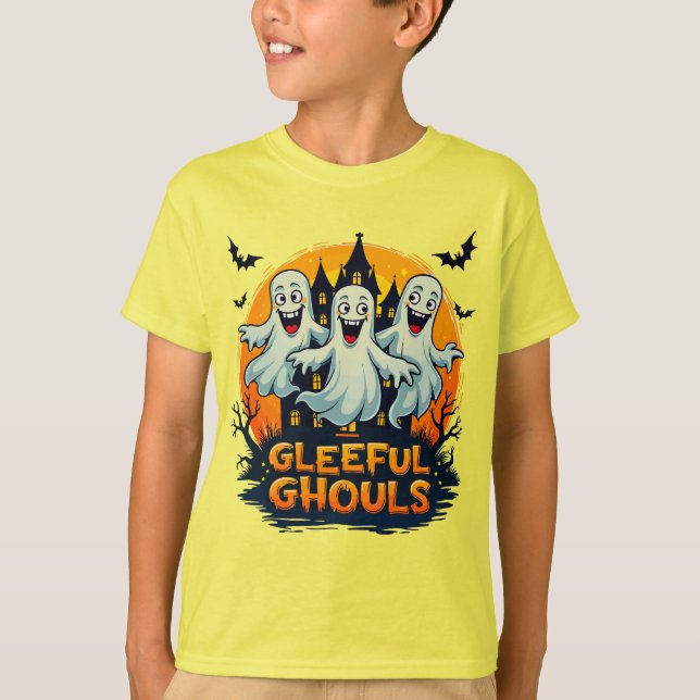 Gleeful Ghouls | Fun Halloween Ghost Artwork T-Shirt (Front)